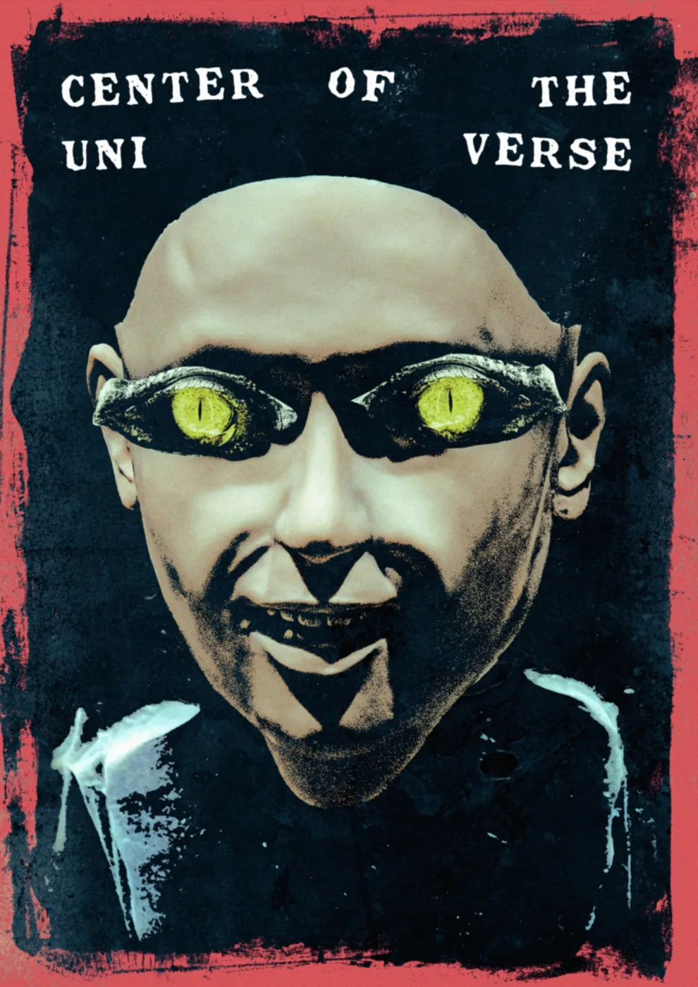 A distressed red and black portrait collage with bright yellow reptilian eyes.