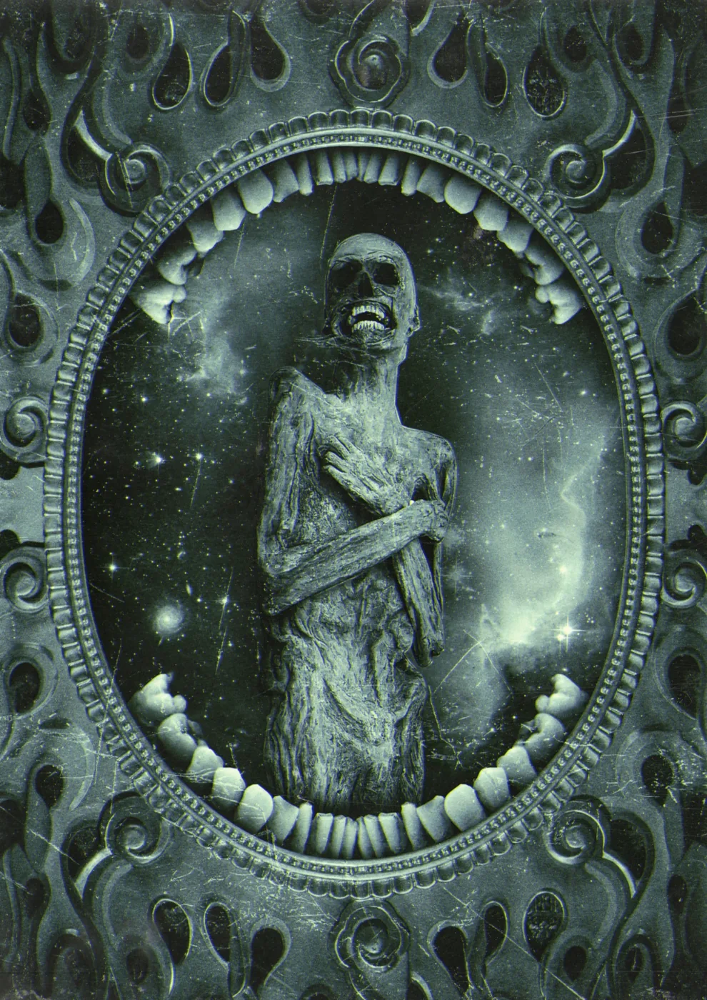 A skeletal figure against a star field, enclosed by teeth and an ornate oval frame.
