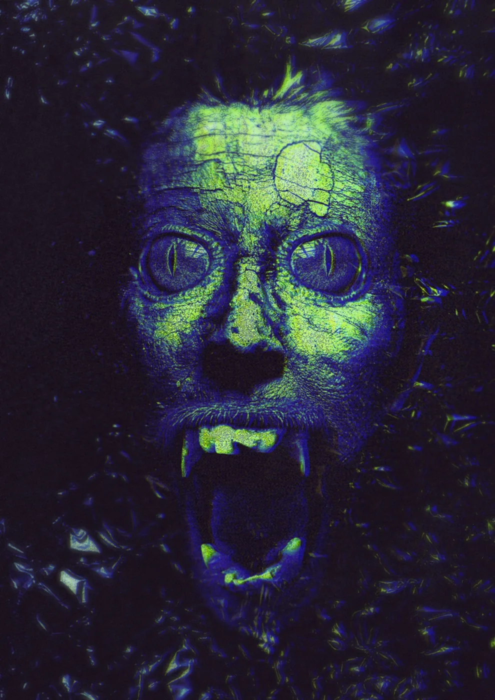 A distorted screaming face in electric green and deep blue, layered with reptilian skin.