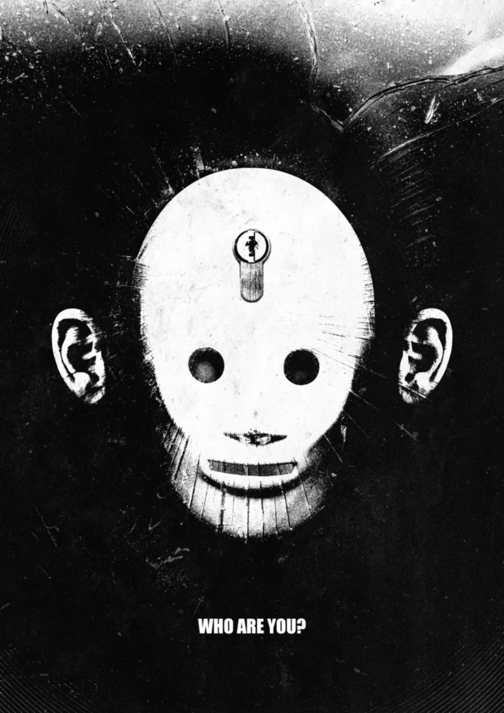 A black and white portrait collage with a blank mask, circular eyes, and a lock on the forehead.